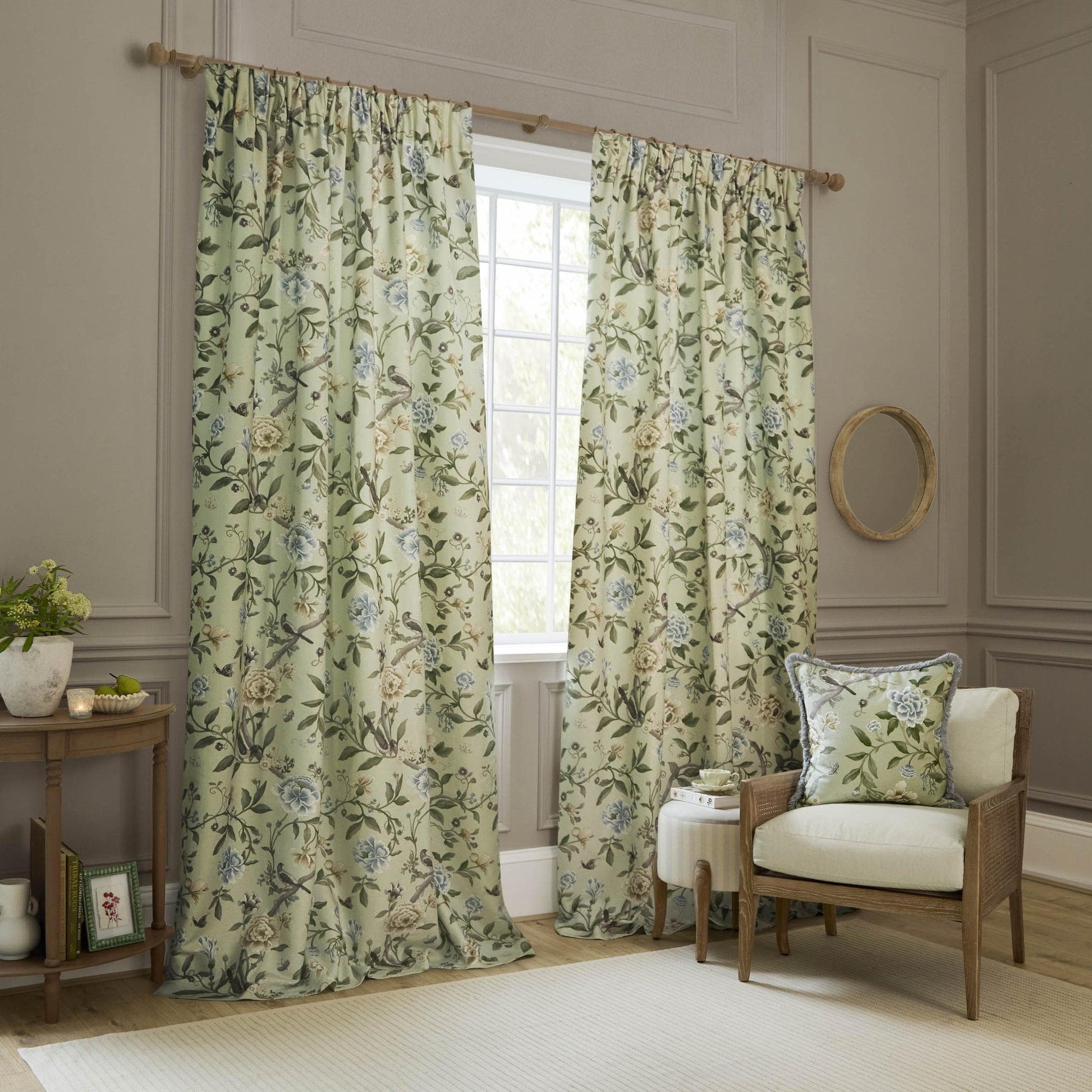 Sanderson (Riva Home) Sanderson Curtains Sanderson Porcelain Sage / 167cm x 182cm Sanderson Porcelain Garden Printed Chenille Pencil Pleat Curtains