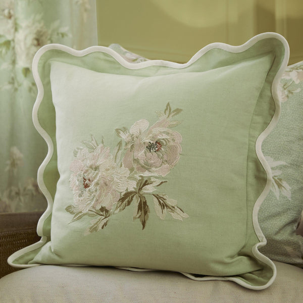 Sanderson Adele Floral Embroidered Duck Feather filled Cushion SAGE