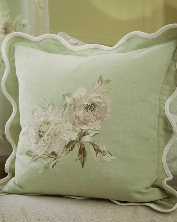 Sanderson Adele Floral Embroidered Duck Feather filled Cushion SAGE