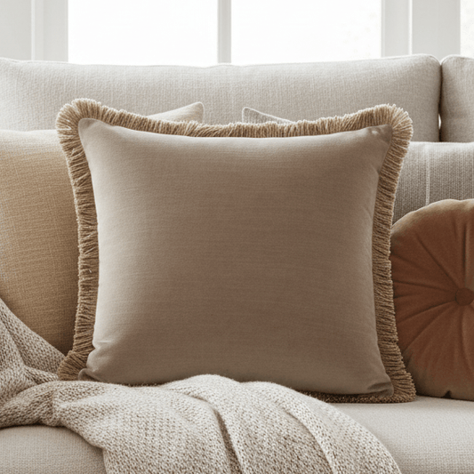 Scatter Box Cushions Elodie Fringed Cushion  Taupe | 43 × 43 cm Feather-Fill by Scatter Box