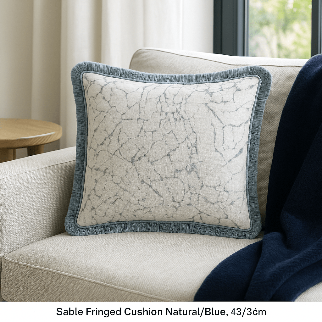 Scatter Box Cushions Sable Fringed Cushion Natural / Blue,  | 43 × 43 cm Feather-Fill by Scatter Box