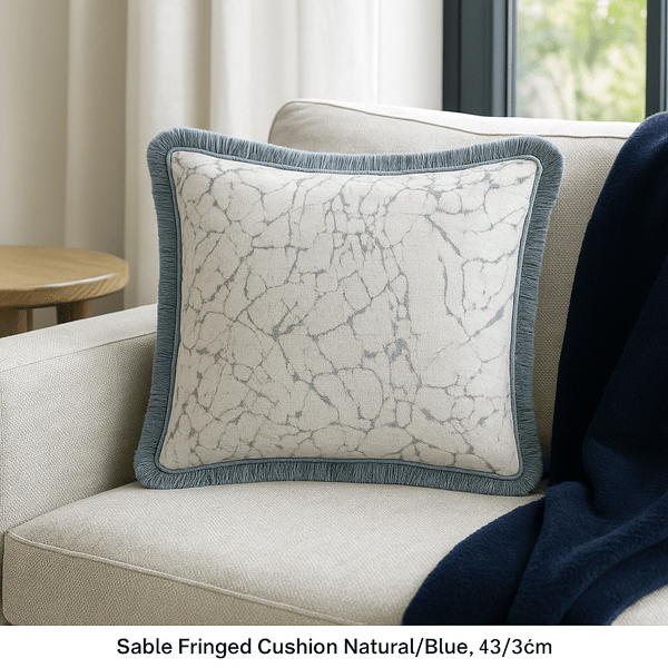 Sable Fringed Cushion Natural / Blue,  | 43 × 43 cm Feather-Fill by Scatter Box