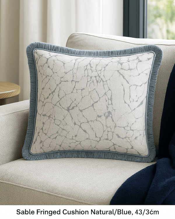 Sable Fringed Cushion Natural / Blue,  | 43 × 43 cm Feather-Fill by Scatter Box