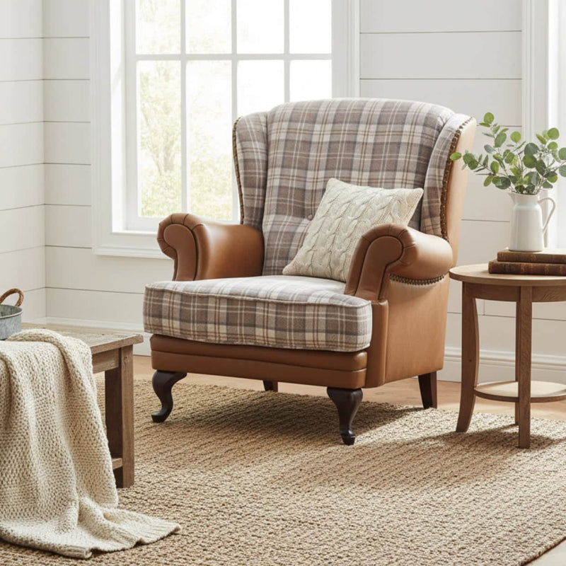 IMPERIAL LEATHER AND FABRIC WINGBACK ARMCHAIR