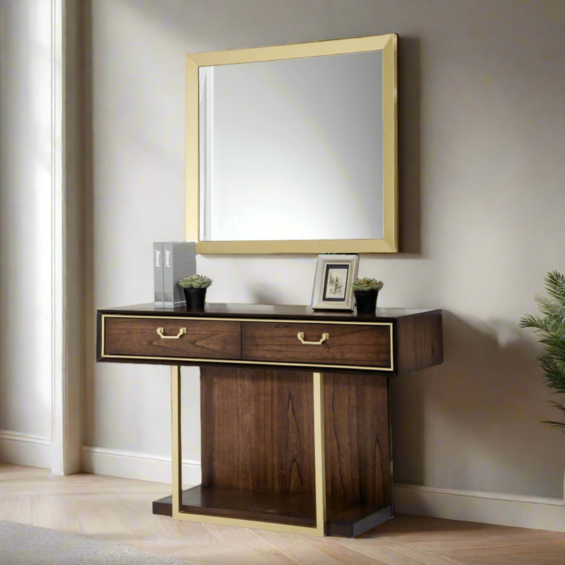 DUBAI DRESSING TABLE AND MIRROR SET – WALNUT WITH GOLD DETAILING