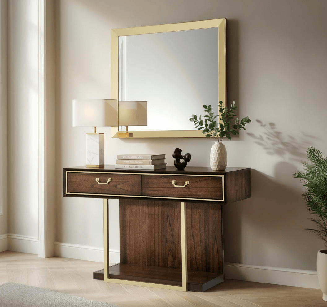 simply HAZEL Bedroom Vanities DUBAI DRESSING TABLE AND MIRROR SET – WALNUT WITH GOLD DETAILING by simply Hazel