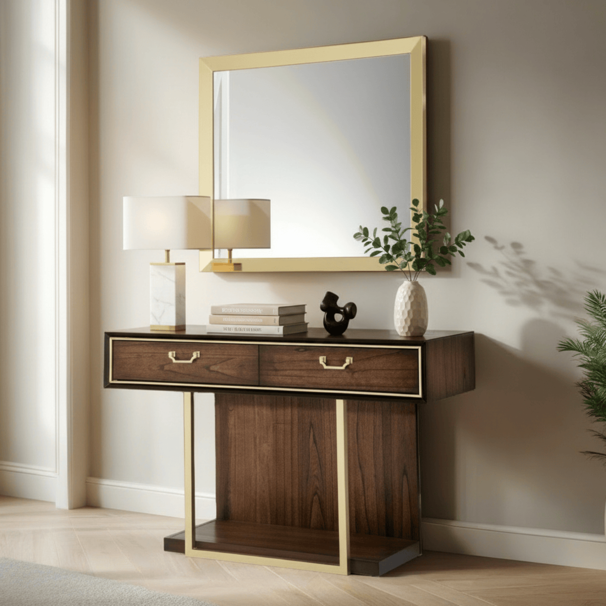 simply HAZEL Bedroom Vanities DUBAI DRESSING TABLE AND MIRROR SET – WALNUT WITH GOLD DETAILING by simply Hazel