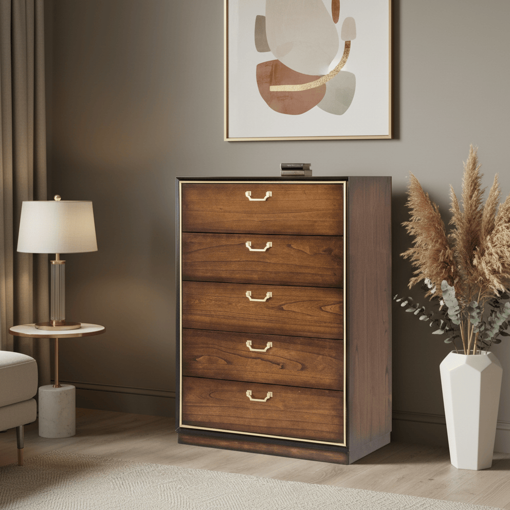simply HAZEL Bedroom Vanities DUBAI TALL CHEST – 5 DRAWER STORAGE UNIT IN WALNUT WITH GOLDEN HANDLES by simply Hazel