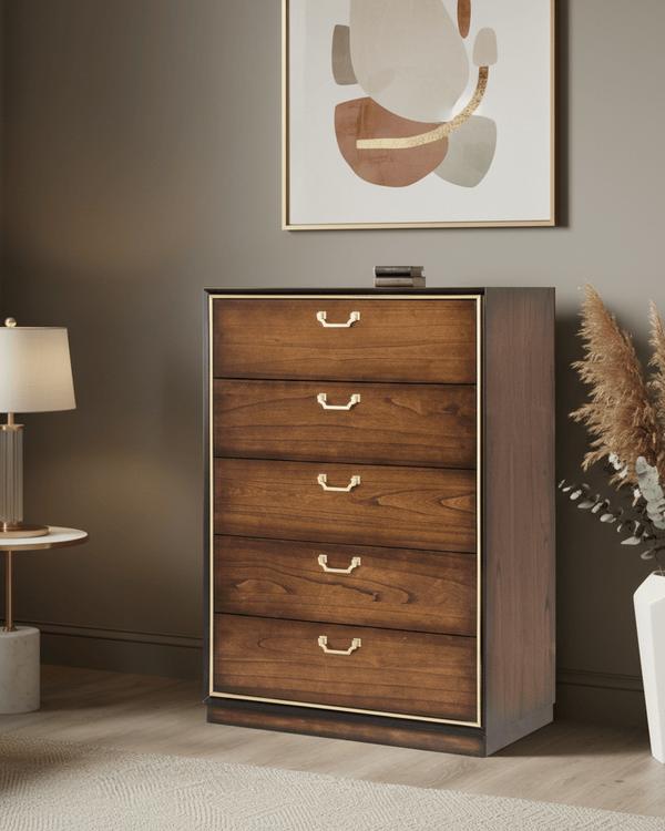 DUBAI TALL CHEST – 5 DRAWER STORAGE UNIT IN WALNUT WITH GOLDEN HANDLES