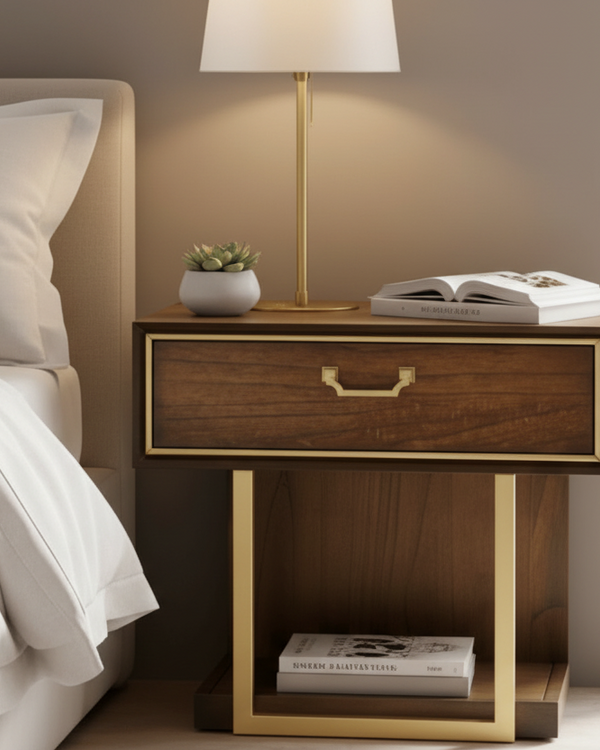 DUBAI WALNUT FINISH LOCKER WITH GOLD DETAILING & VELVET-LINED DRAWER