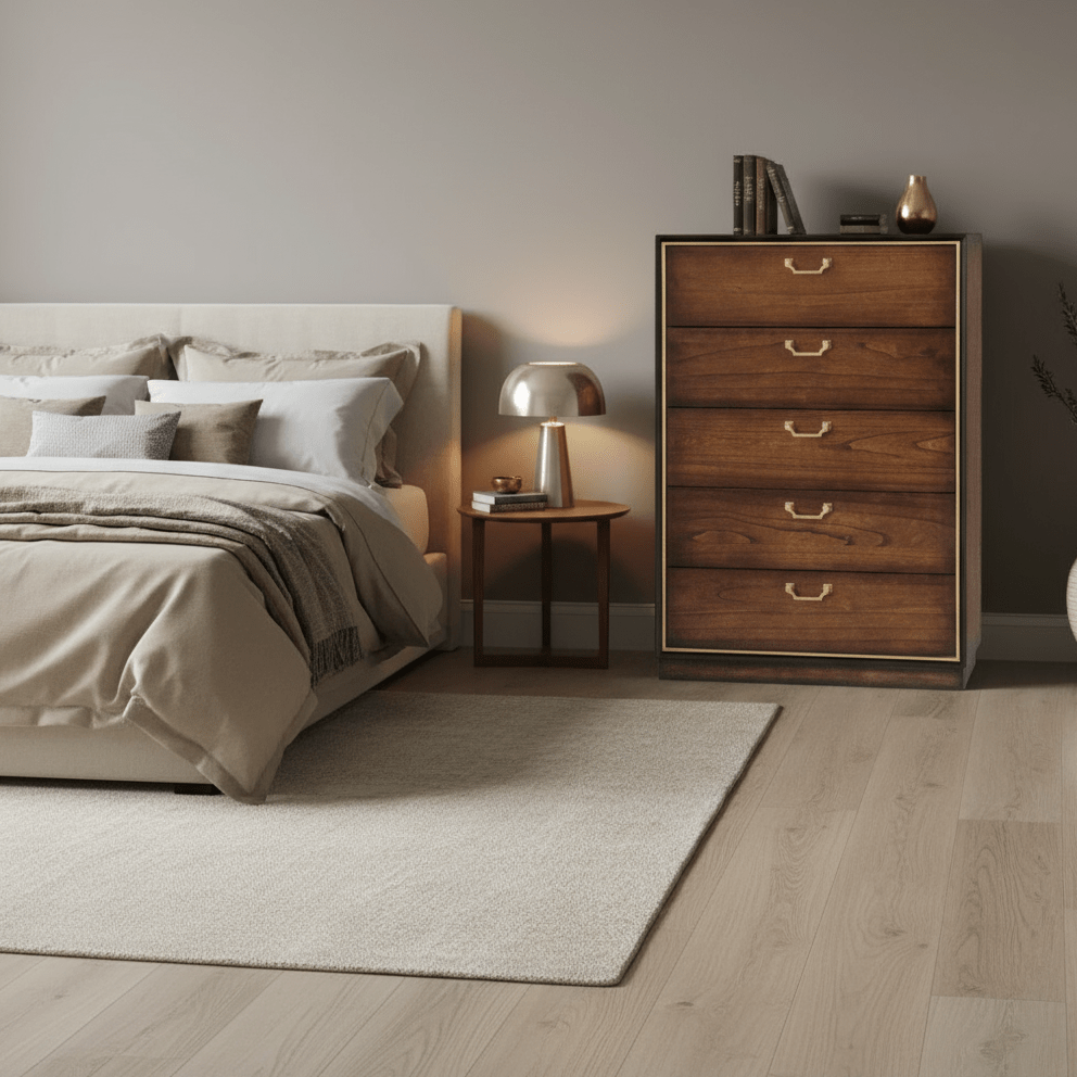 simply HAZEL Bedroom Vanities simply Hazel Dubai Tall Chest – 5 Drawer Storage Unit in Walnut with Golden Handles