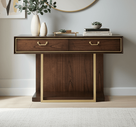 simply HAZEL Cabinet DUBAI CONSOLE TABLE – WALNUT FINISH WITH RED VELVET LINING AND GOLD ACCENTS by simply Hazel