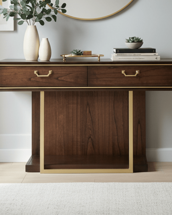 DUBAI CONSOLE TABLE – WALNUT FINISH WITH RED VELVET LINING AND GOLD ACCENTS