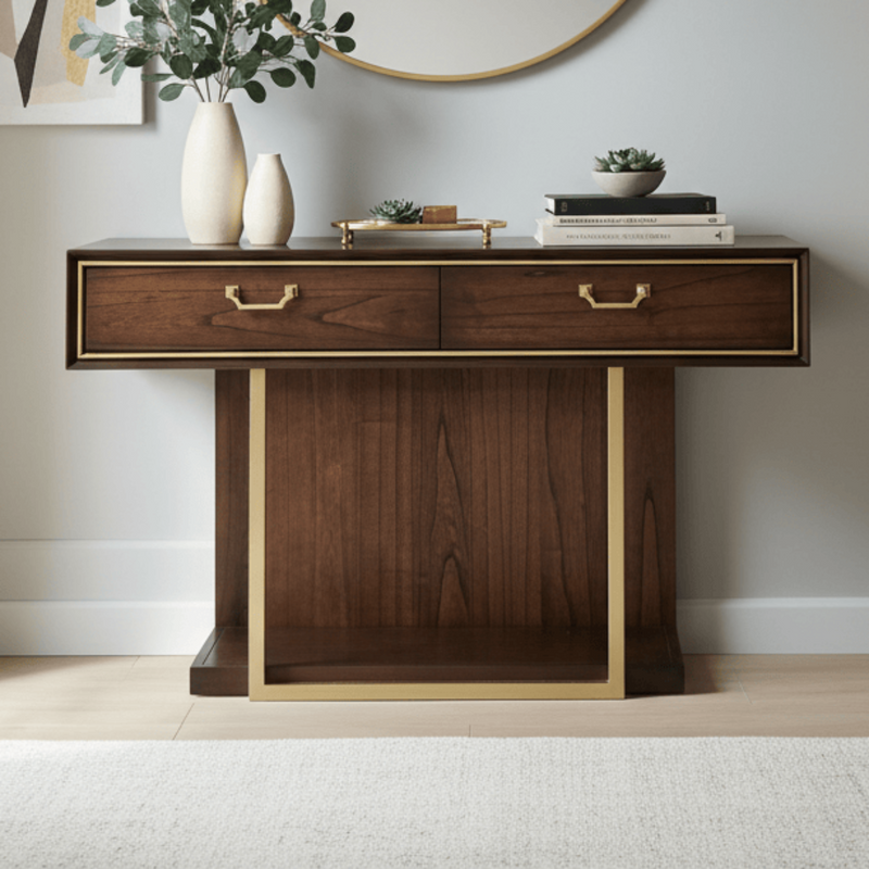 DUBAI CONSOLE TABLE – WALNUT FINISH WITH RED VELVET LINING AND GOLD ACCENTS