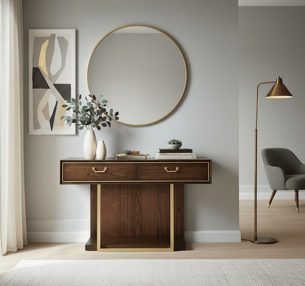 simply HAZEL Cabinet DUBAI CONSOLE TABLE – WALNUT FINISH WITH RED VELVET LINING AND GOLD ACCENTS by simply Hazel