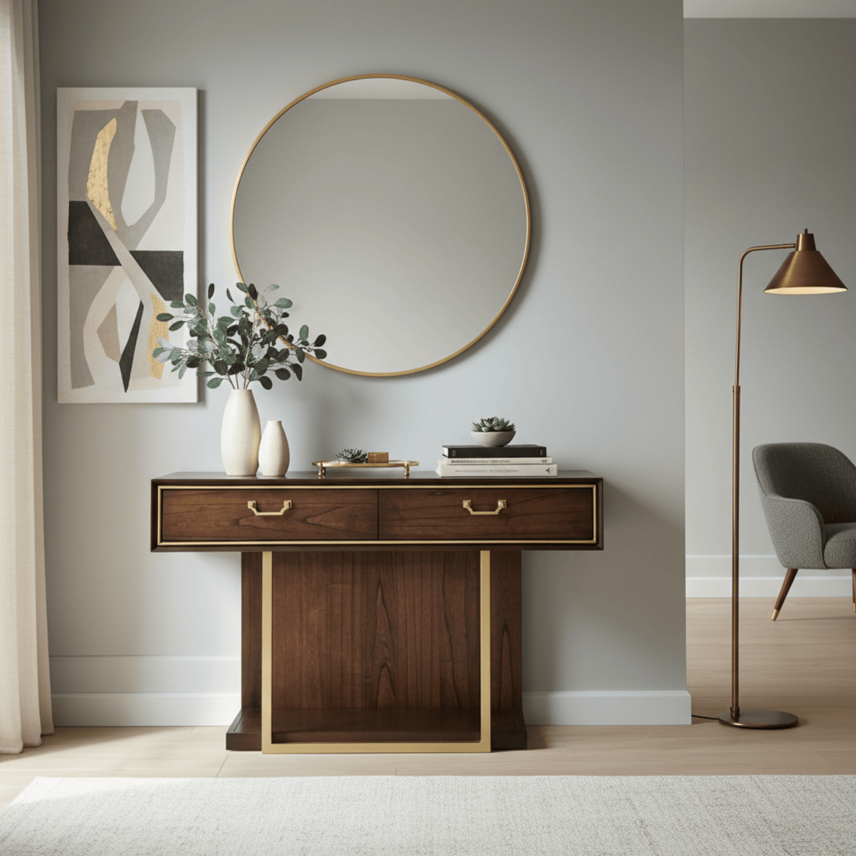 simply HAZEL Cabinet DUBAI CONSOLE TABLE – WALNUT FINISH WITH RED VELVET LINING AND GOLD ACCENTS by simply Hazel