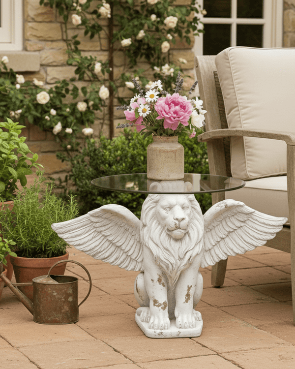 LION GLASS TOP BISTRO TABLE ANTIQUE WHITE