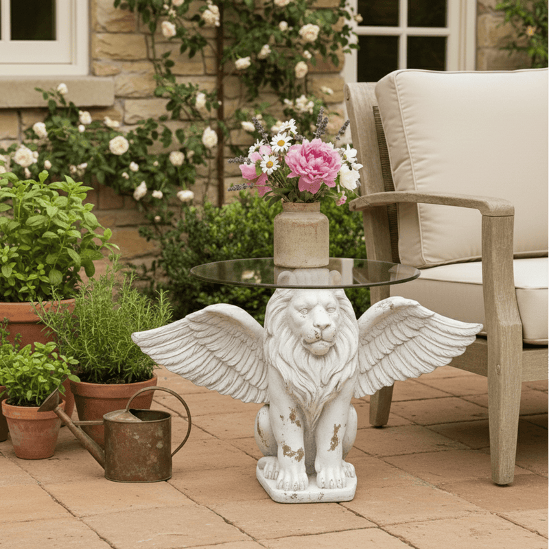 LION GLASS TOP BISTRO TABLE ANTIQUE WHITE