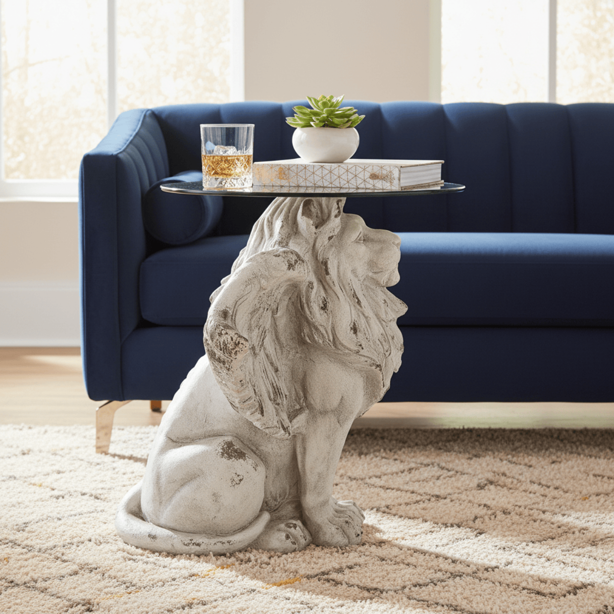 simply HAZEL Garden Accessories Lion Glass Top Side Table in Antique White by simply Hazel