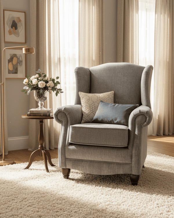 PRINCESS MAYA CUSTOM WINGBACK ARMCHAIR IN GREY by simply Hazel