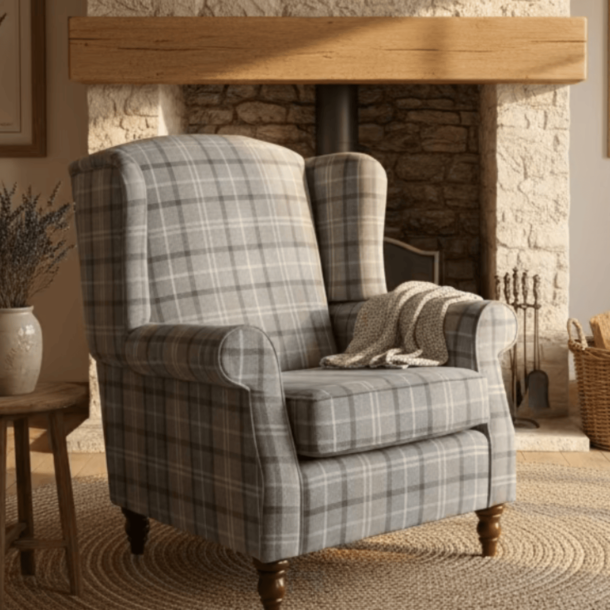 simply HAZEL Irish made Chair PRINCESS MAYA CUSTOM WINGBACK ARMCHAIR IN GREY CHECK  by simply Hazel