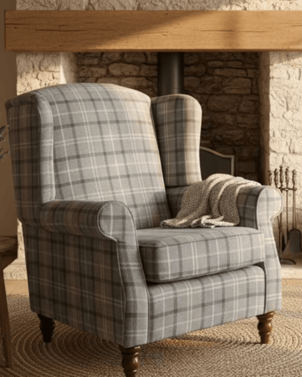 PRINCESS MAYA CUSTOM WINGBACK ARMCHAIR IN GREY CHECK  by simply Hazel