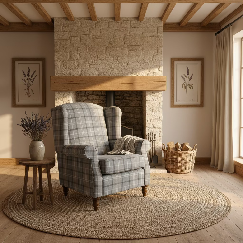 simply HAZEL Irish made Chair PRINCESS MAYA CUSTOM WINGBACK ARMCHAIR IN GREY CHECK  by simply Hazel