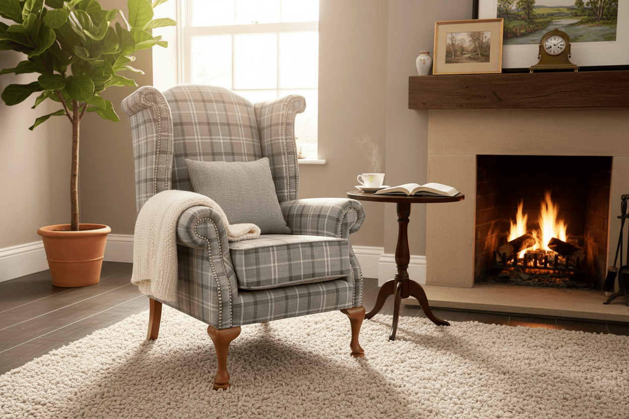 simply HAZEL Irish made Chair QUEEN ANNE CHAIR IN GREY CHECK by Simply Hazel
