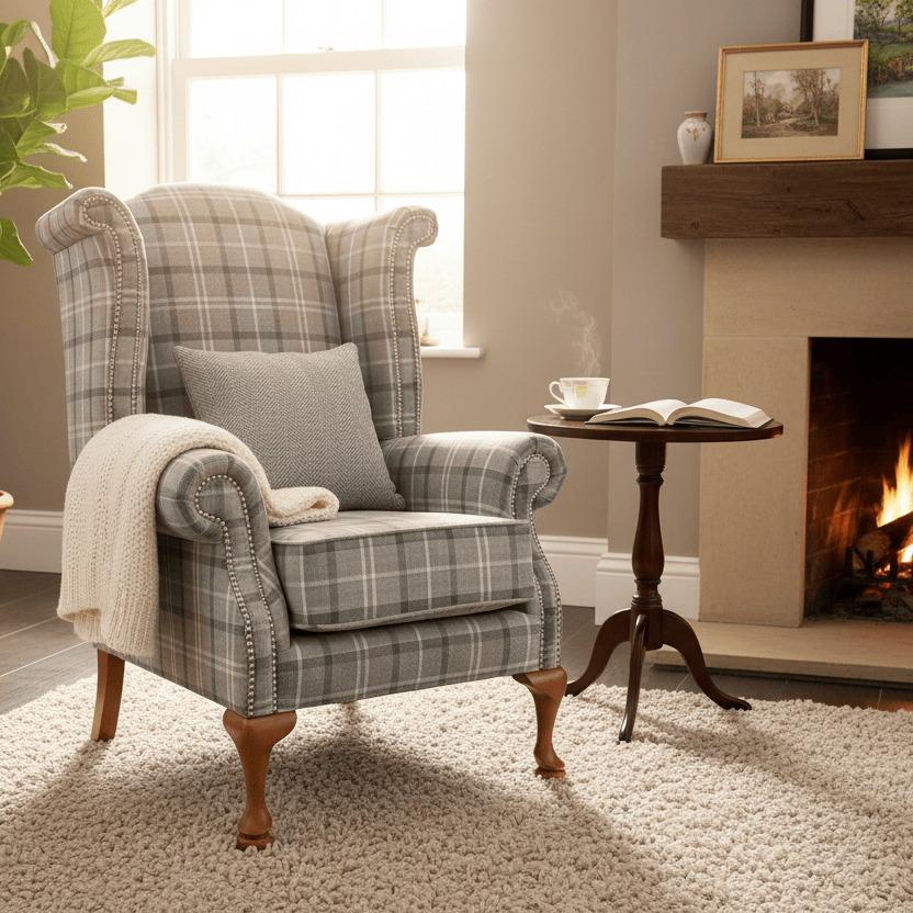 simply HAZEL Irish made Chair QUEEN ANNE CHAIR IN GREY CHECK by Simply Hazel