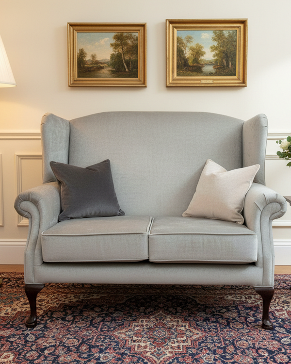 Queen Anne 2 seat custom Irish Made wingback sofa in Warm Grey (bespoke options available) by simply Hazel