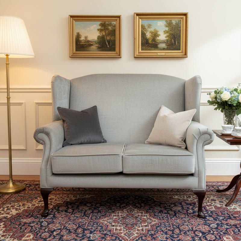 Queen Anne 2 seat custom Irish Made wingback sofa in Warm Grey (bespoke options available) by simply Hazel