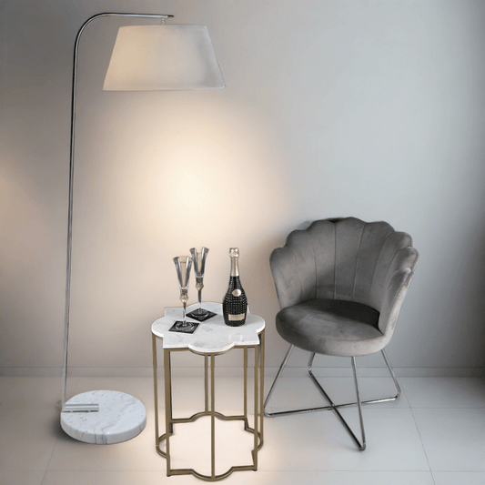simply HAZEL Lamp 163cm Silver and White Marble base Arc Floor Lamp with Grey shade