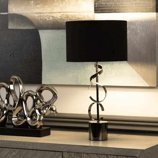 simply HAZEL Lamp 51cm Black Metal Swirl Table Lamp with Black Linen Shade Silver Inside