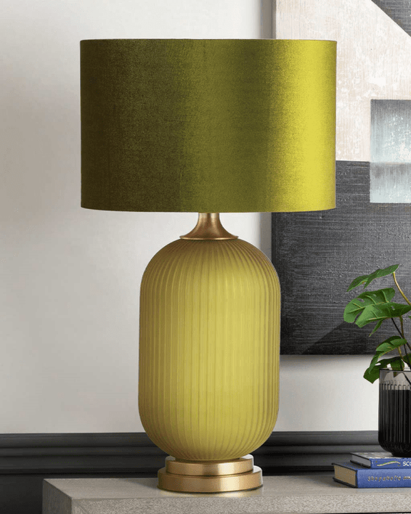 77.5cm Frost Green Pleated Glass with Green Velvet Shade Table Lamp