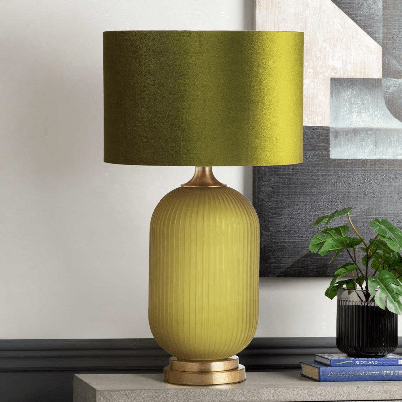 77.5cm Frost Green Pleated Glass with Green Velvet Shade Table Lamp