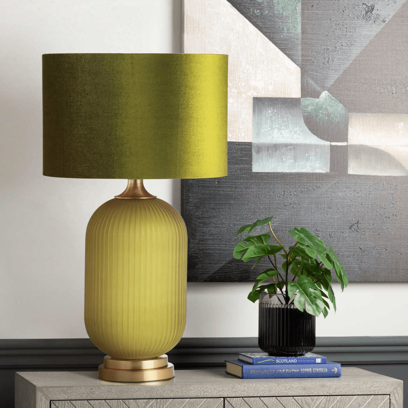 simply HAZEL Lamp 77.5cm Frost Green Pleated Glass with Green Velvet Shade Table Lamp