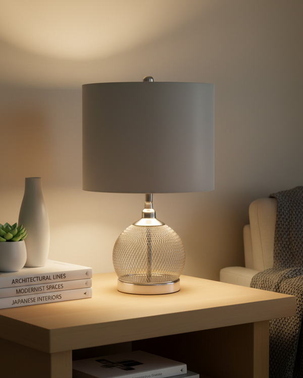 Chrome Wire Mesh Table Lamp with Grey Faux Silk Shade