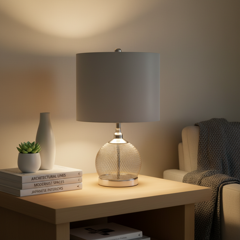 Chrome Wire Mesh Table Lamp with Grey Faux Silk Shade