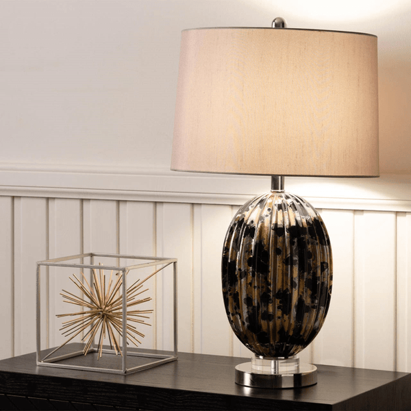 Ribbed Black and Gold Table Lamp with Taupe Shade