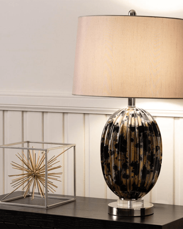 Ribbed Black and Gold Table Lamp with Taupe Shade