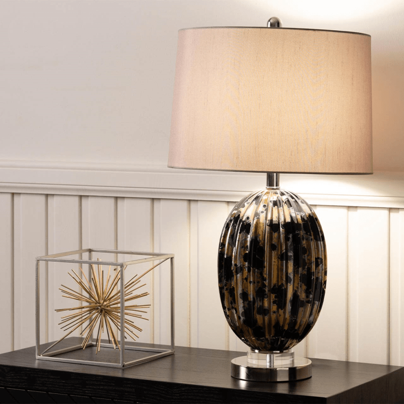 Ribbed Black and Gold Table Lamp with Taupe Shade