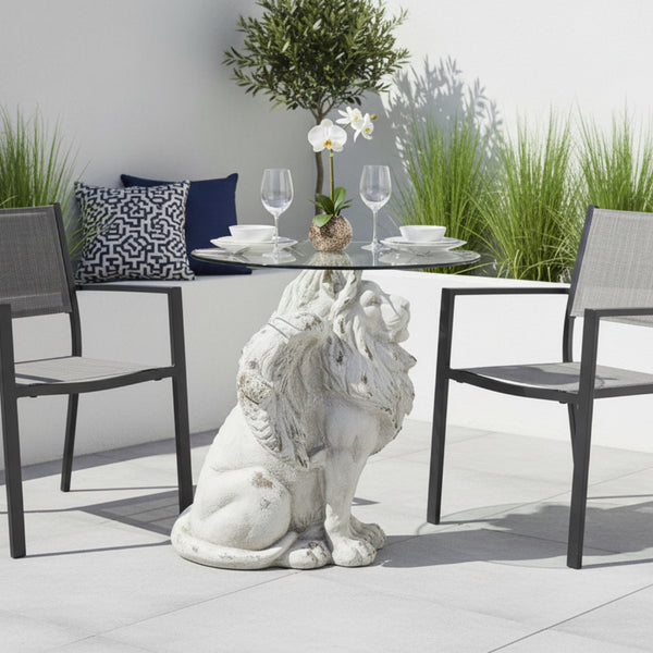 LION GLASS TOP BISTRO TABLE ANTIQUE WHITE