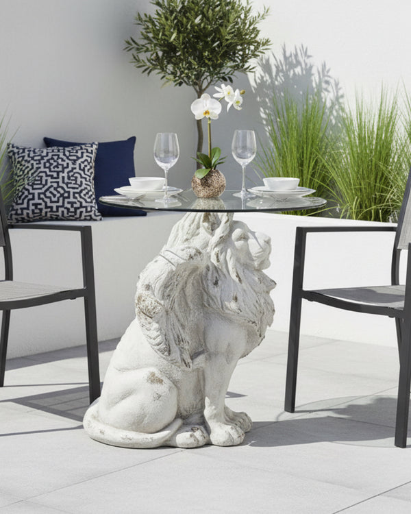 LION GLASS TOP BISTRO TABLE ANTIQUE WHITE