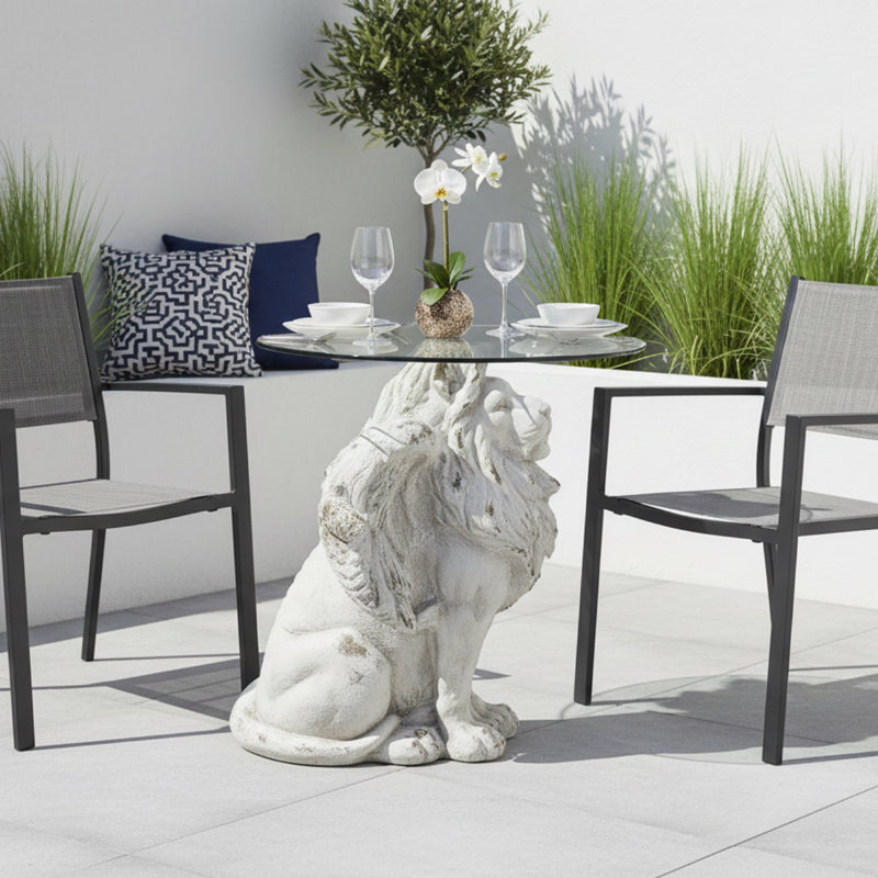 LION GLASS TOP BISTRO TABLE ANTIQUE WHITE