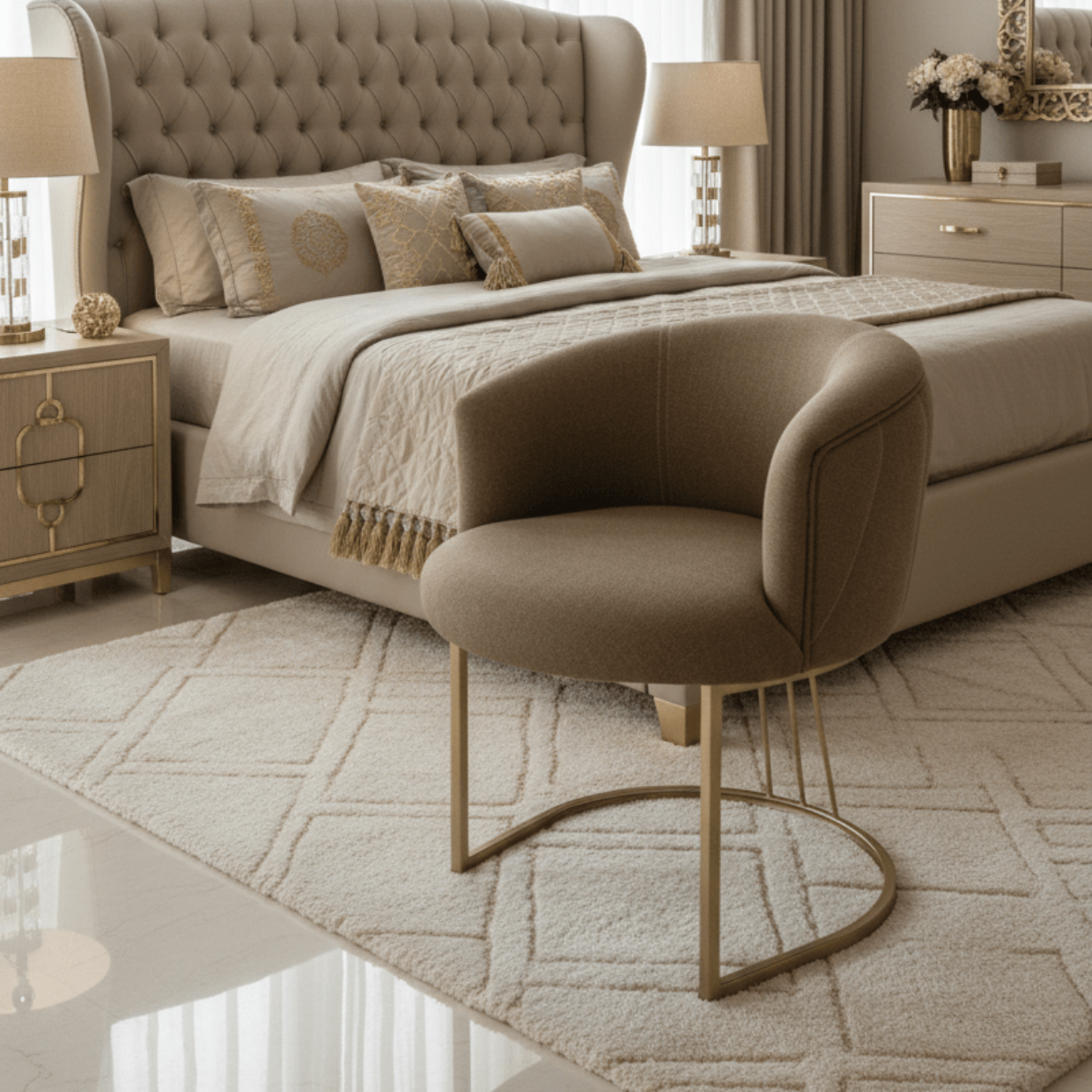 simply HAZEL Occasional tub DUBAI BEDROOM CHAIR – ELEGANT FABRIC CHAIR WITH GOLDEN-TINTED LEGS by simply Hazel