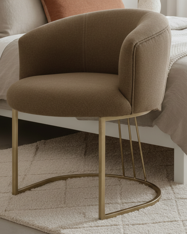 DUBAI BEDROOM CHAIR – ELEGANT FABRIC CHAIR WITH GOLDEN-TINTED LEGS