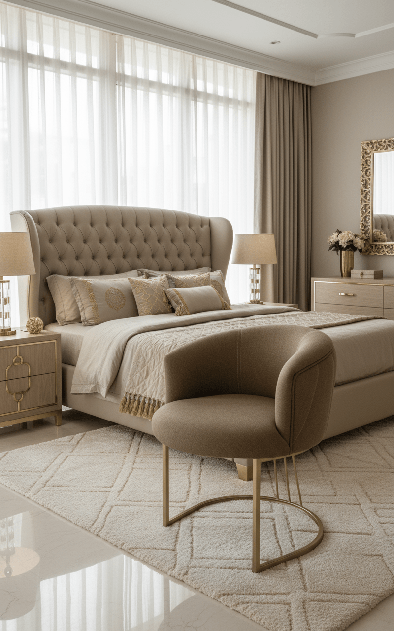 simply HAZEL Occasional tub simply Hazel Dubai Bedroom Chair – Elegant Fabric Chair with Golden-Tinted Legs
