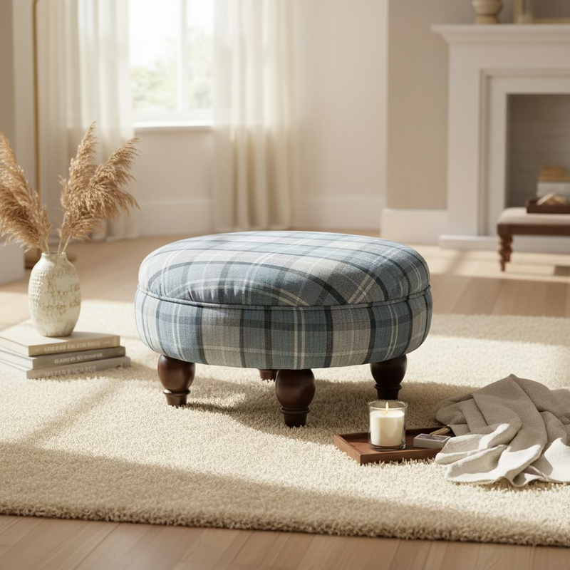 BESPOKE BLUE & GREY CHECK FOOTSTOOL / OTTOMAN by simply Hazel
