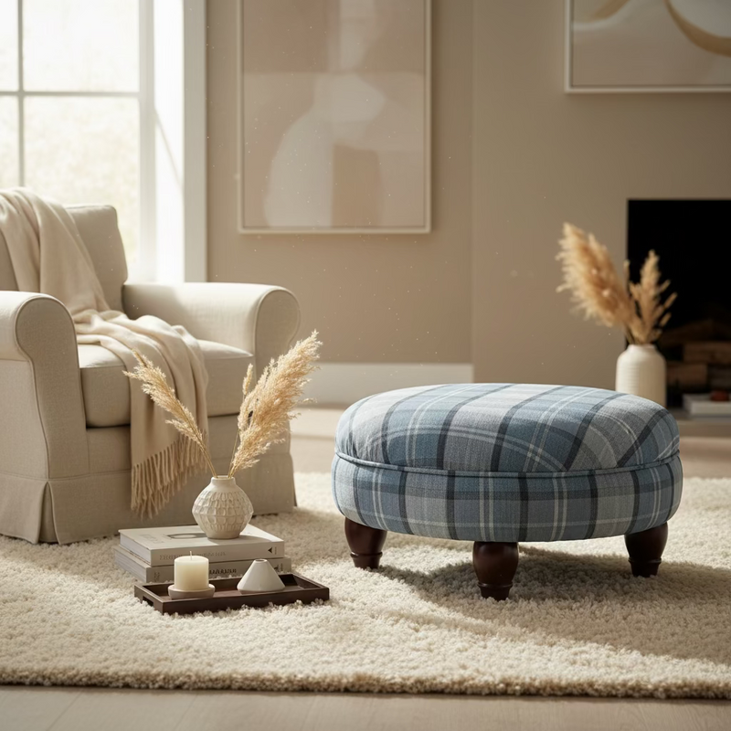 BESPOKE BLUE & GREY CHECK FOOTSTOOL / OTTOMAN by simply Hazel
