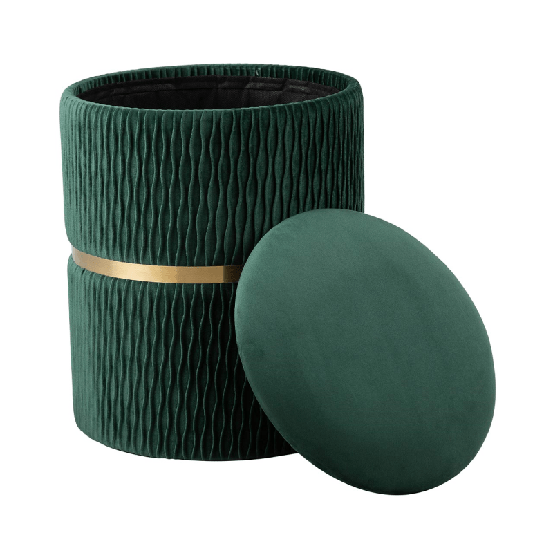 simply HAZEL Ottoman Green Patterned Velvet and Gold Round Storage Stool